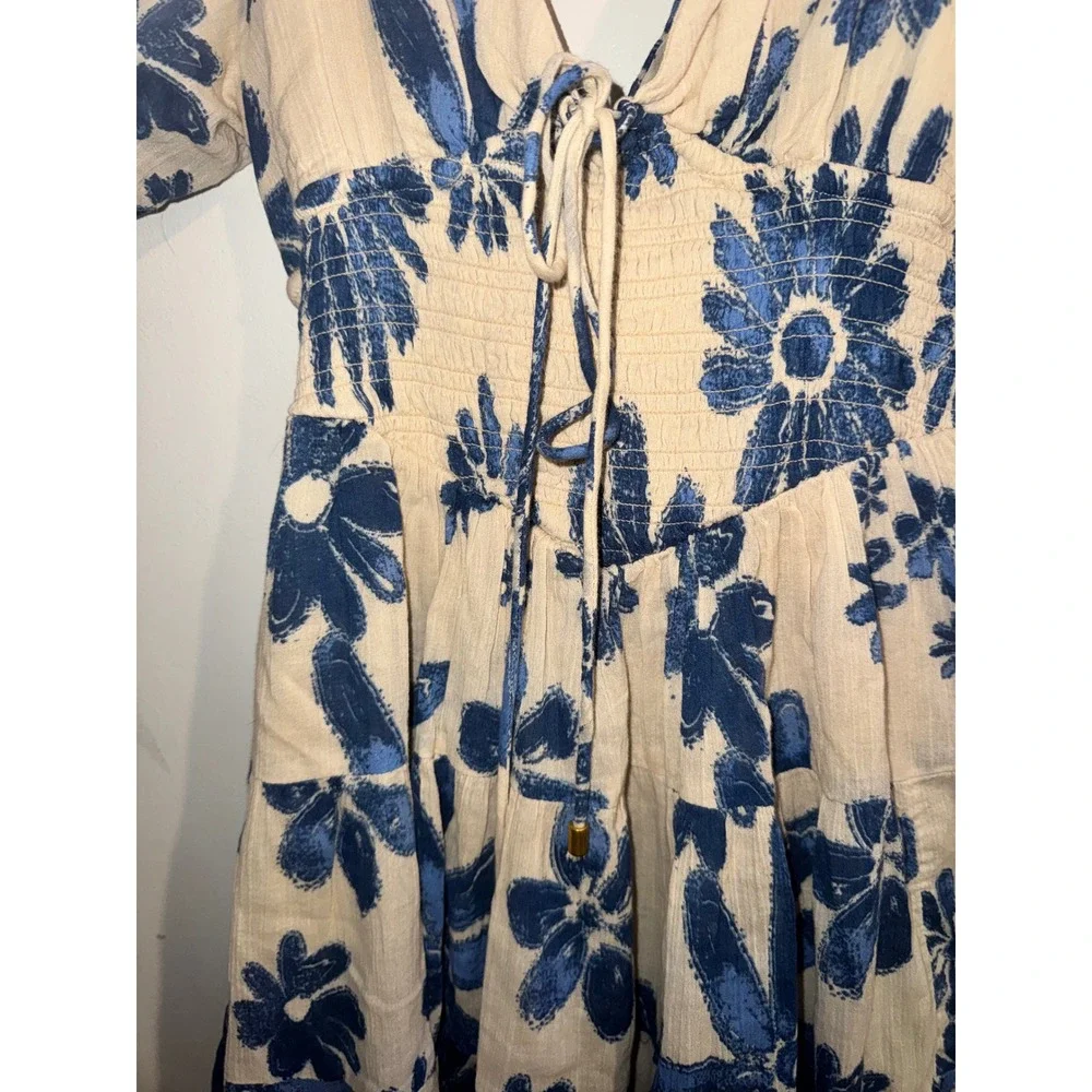 Free People Perfect Day Mini Dress Blue Floral Smocked Puff Sleeve Small
